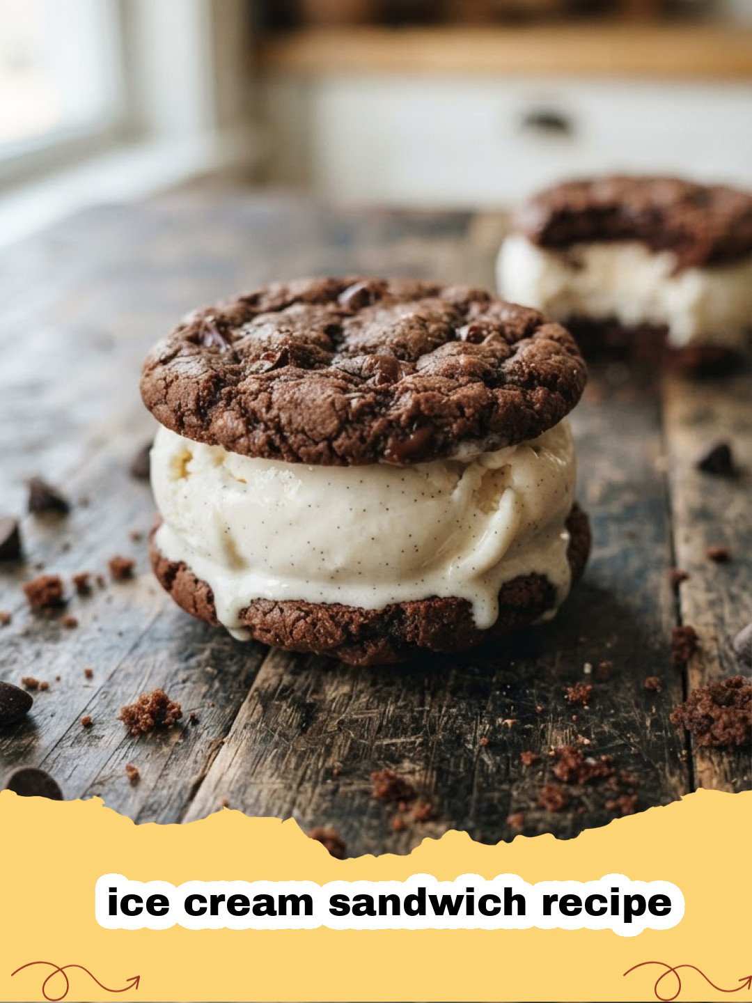 ice cream sandwich recipe - Close-up of a homemade ice cream sandwich with rich chocolate cookies and vanilla ice cream, garnished with sprinkles.