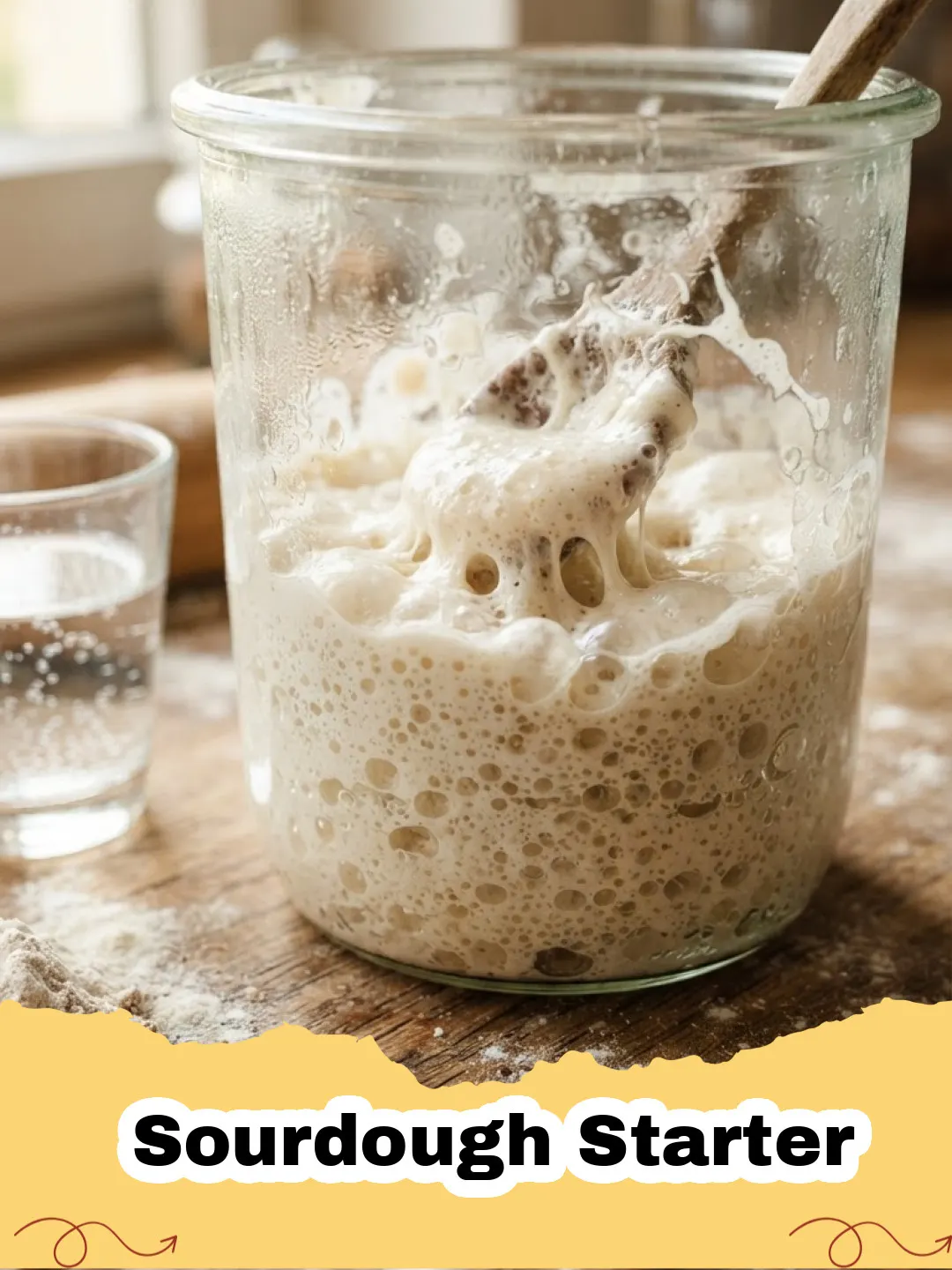 A clear glass jar filled with an active, bubbly Sourdough Starter on a wooden surface, ready for baking.