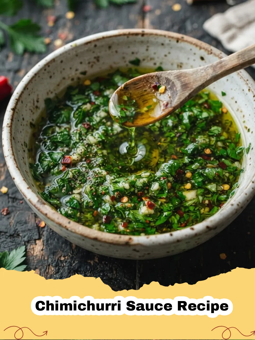 Chimichurri Sauce Recipe - Close-up of vibrant green authentic chimichurri sauce in a glass bowl with a spoon, surrounded by fresh herbs and garlic.