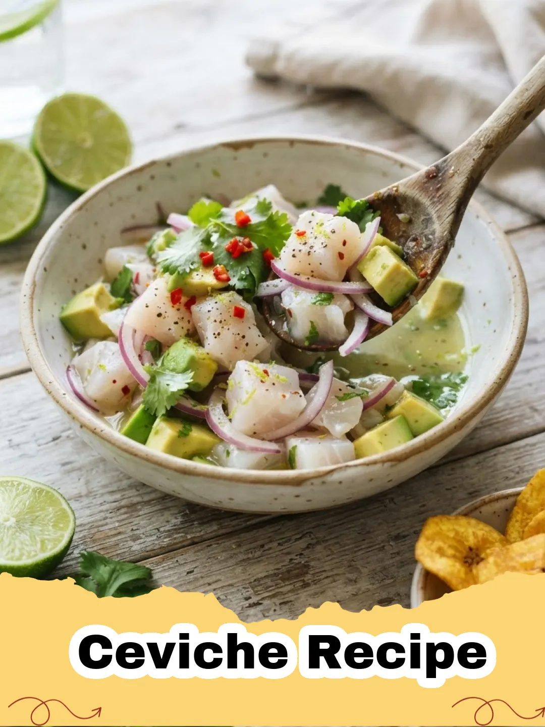 Ceviche Recipe - Close-up of a vibrant bowl of Peruvian-style ceviche with fresh white fish, red onion, and cilantro, garnished with sweet potato and corn.