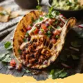 Close-up of three delicious Baked Chipotle Tofu Tacos with avocado, cilantro, and pickled onions on warm corn tortillas.