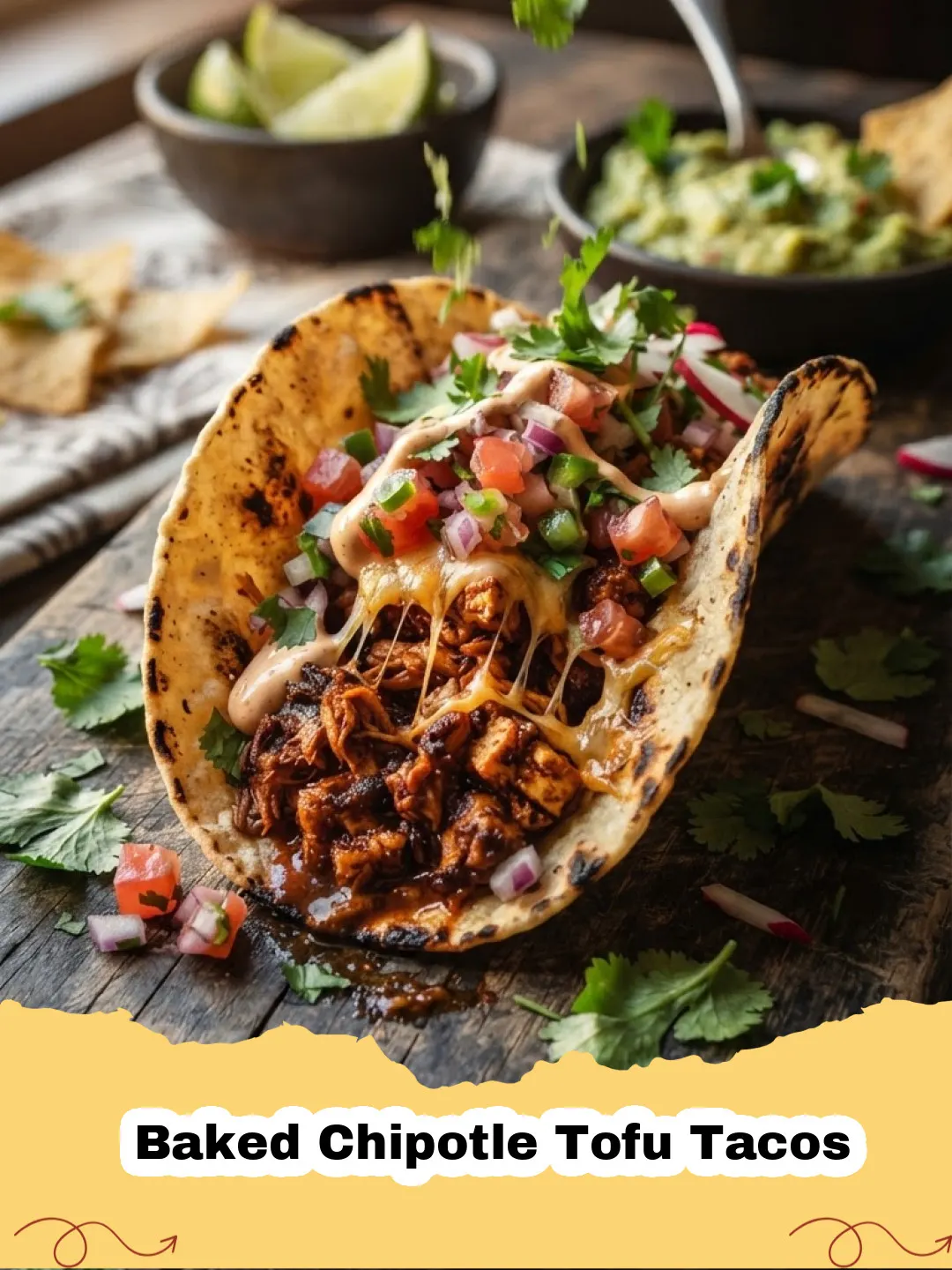 Close-up of three delicious Baked Chipotle Tofu Tacos with avocado, cilantro, and pickled onions on warm corn tortillas.