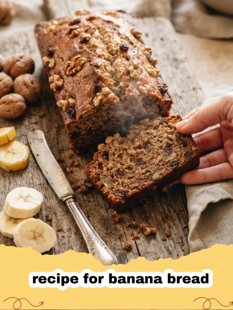 recipe for banana bread - A perfectly baked, moist loaf of banana bread on a wooden cutting board with a few slices cut, ready to eat.