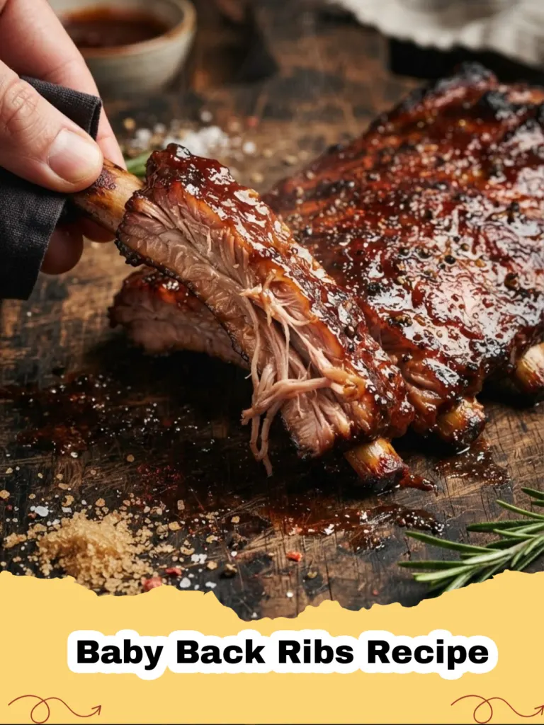 Baby Back Ribs Recipe - Close-up shot of perfectly caramelized and glazed baby back ribs on a wooden cutting board, with a hint of fresh parsley.