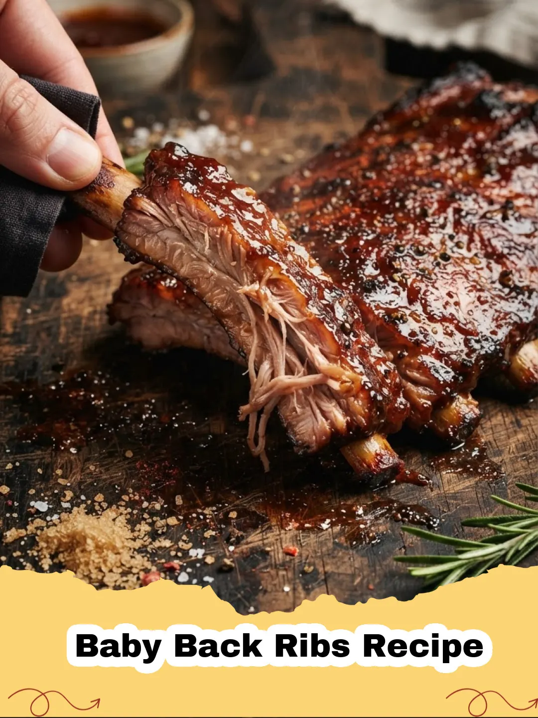 Baby Back Ribs Recipe - Close-up shot of perfectly caramelized and glazed baby back ribs on a wooden cutting board, with a hint of fresh parsley.