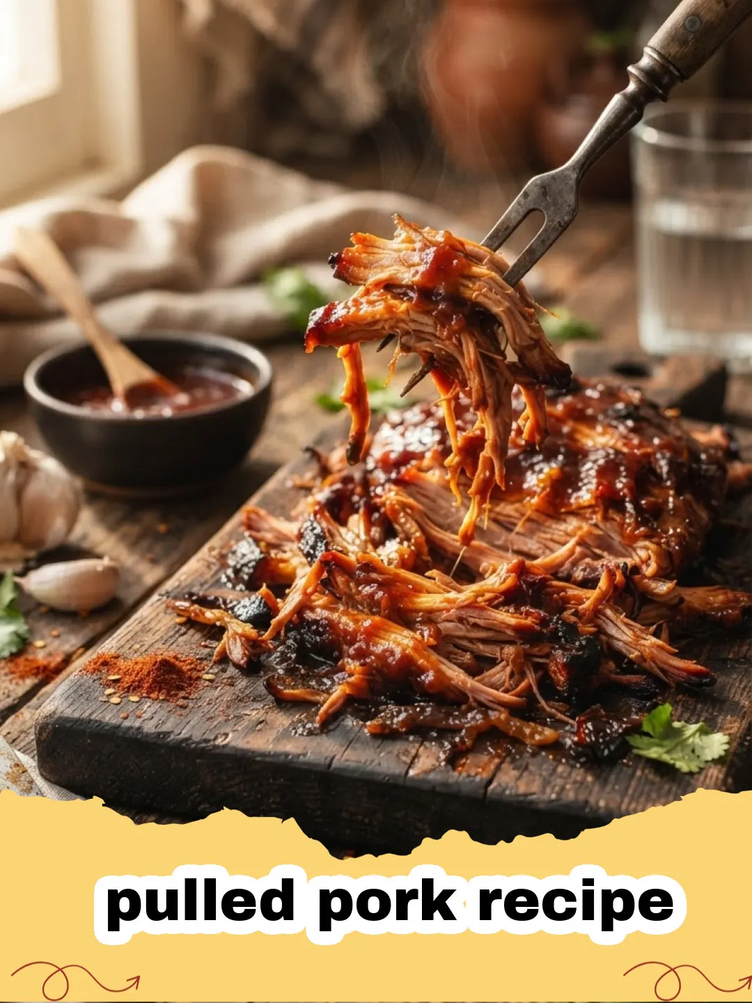 pulled pork recipe - Close-up of perfectly shredded slow-cooked pulled pork on a wooden cutting board, ready to be served.
