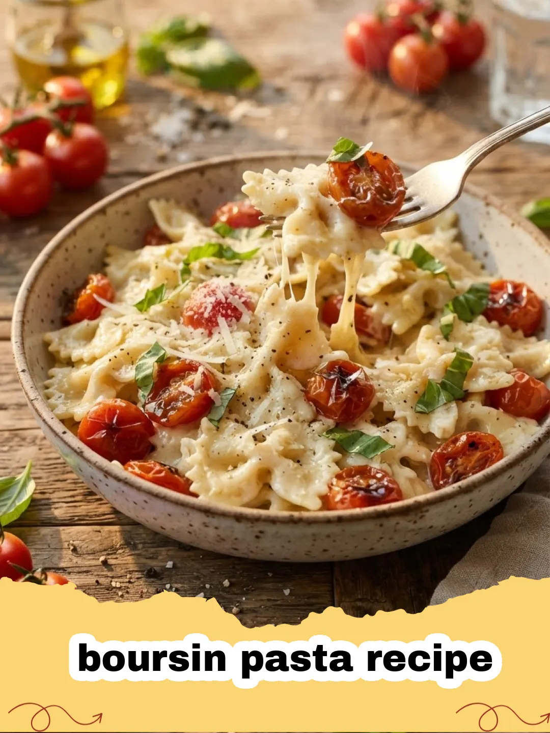 boursin pasta recipe - Close-up of creamy Boursin pasta with roasted cherry tomatoes and fresh basil in a serving bowl.