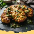 Cauliflower Steaks with Chimichurri - Roasted cauliflower steaks drizzled with vibrant green chimichurri sauce on a white plate.