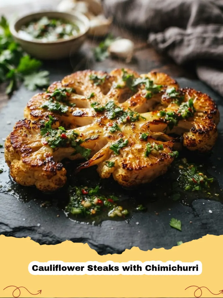 Cauliflower Steaks with Chimichurri - Roasted cauliflower steaks drizzled with vibrant green chimichurri sauce on a white plate.