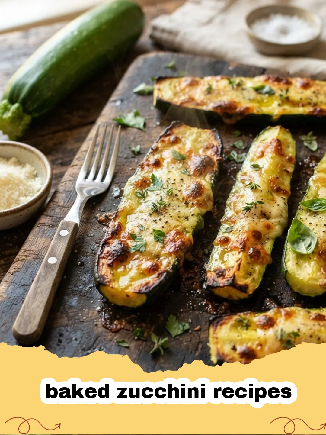 baked zucchini recipes - Cheesy baked zucchini casserole in a baking dish, garnished with parsley.