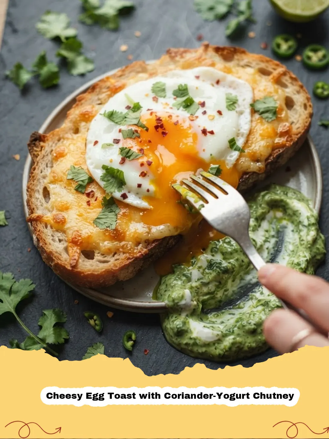 Cheesy Egg Toast with Coriander-Yogurt Chutney - Golden Cheesy Egg Toast with a side of vibrant green Coriander-Yogurt Chutney, garnished with fresh cilantro