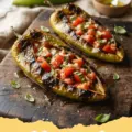 anaheim pepper recipes - Close-up of cheesy chicken and rice stuffed Anaheim peppers baked golden brown.