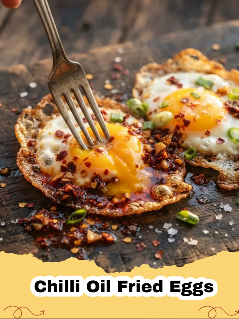 Chilli Oil Fried Eggs - Two perfectly cooked fried eggs with crispy edges and runny yolks, swimming in vibrant red chilli oil, garnished with green onions, served on a bed of white rice.