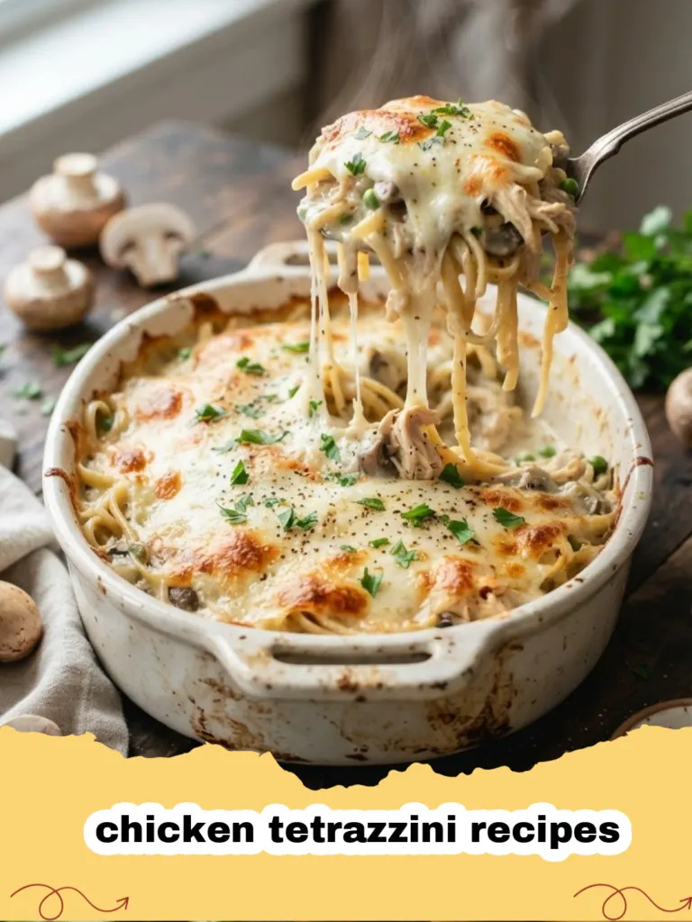 chicken tetrazzini recipes - Close-up of a bubbling, golden-brown chicken tetrazzini casserole, fresh out of the oven, with tender spaghetti, chicken, and creamy sauce visible.