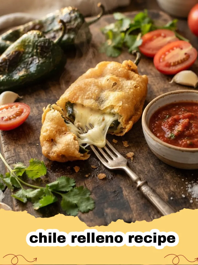 chile relleno recipe - Two golden-fried chile rellenos with melted cheese, swimming in a vibrant red tomato sauce, garnished with fresh cilantro.