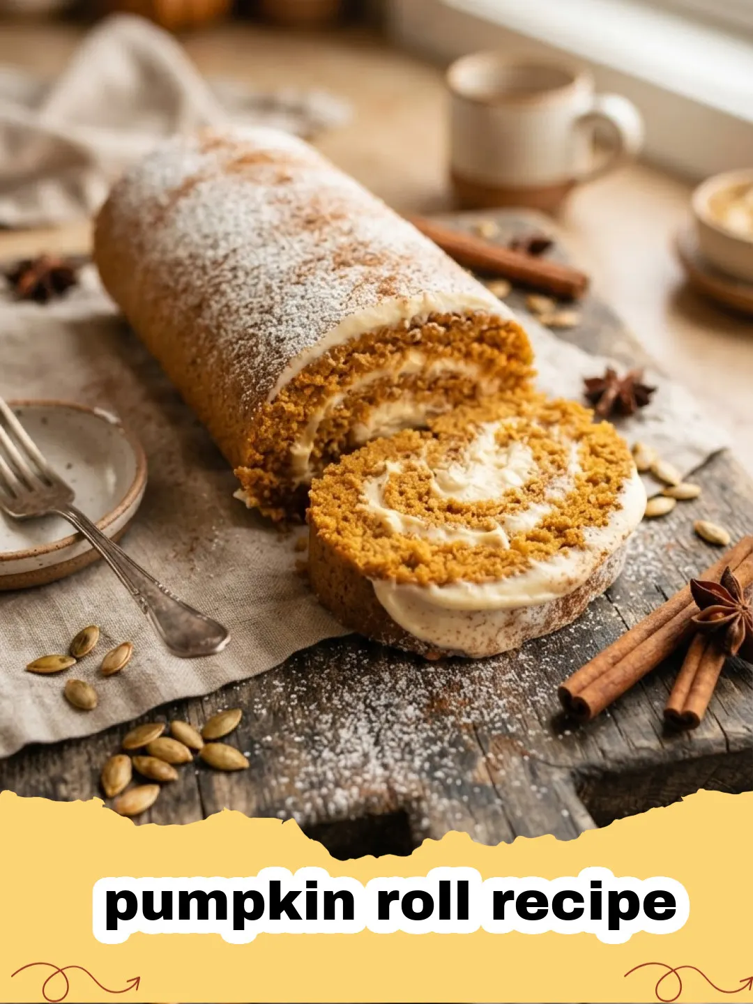 pumpkin roll recipe - A perfectly sliced pumpkin roll with visible cream cheese filling, garnished with a dusting of powdered sugar on a white serving plate.