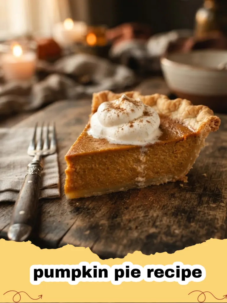 pumpkin pie recipe - A perfectly baked classic creamy pumpkin pie with a golden crust and a slice missing, showing the smooth orange filling, garnished with whipped cream.