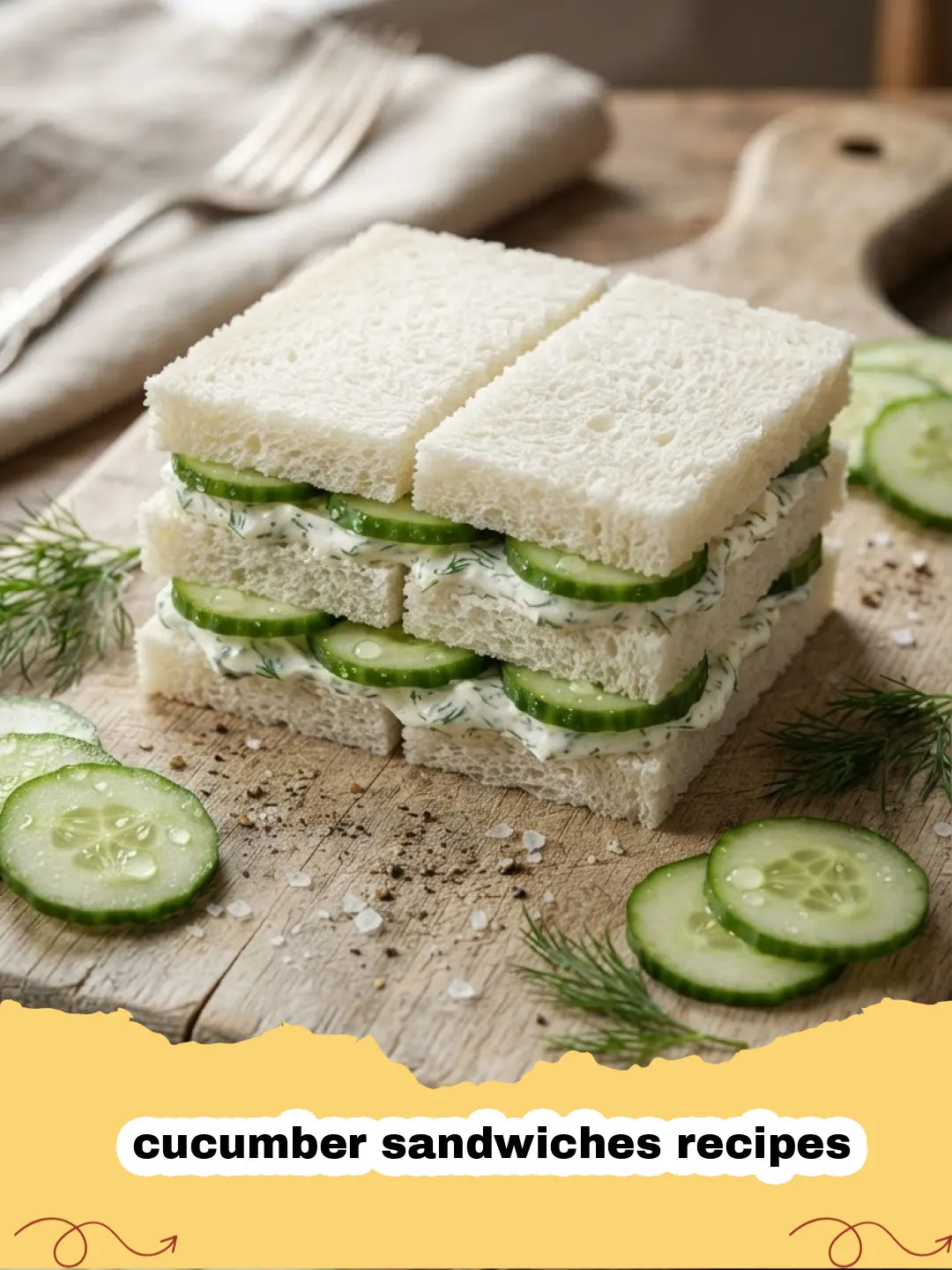 cucumber sandwiches recipes - A platter of perfectly cut classic cucumber sandwiches with visible fresh dill and chives, arranged elegantly.