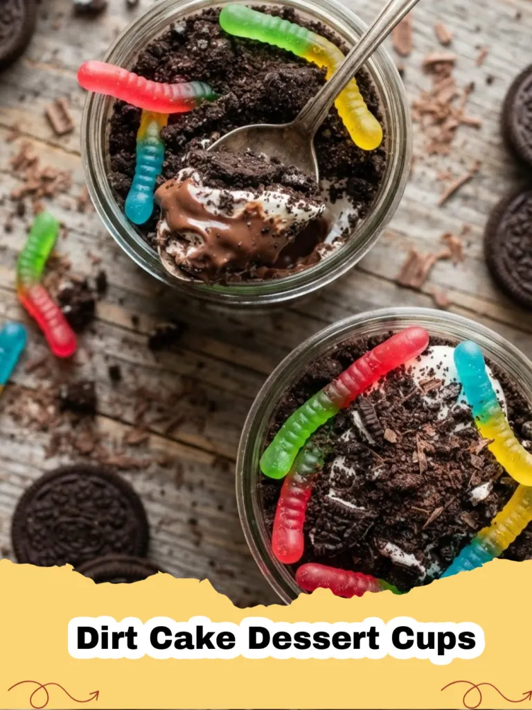 Close-up of individual Dirt Cake Dessert Cups with gummy worms peeking out from chocolate cookie crumbs.