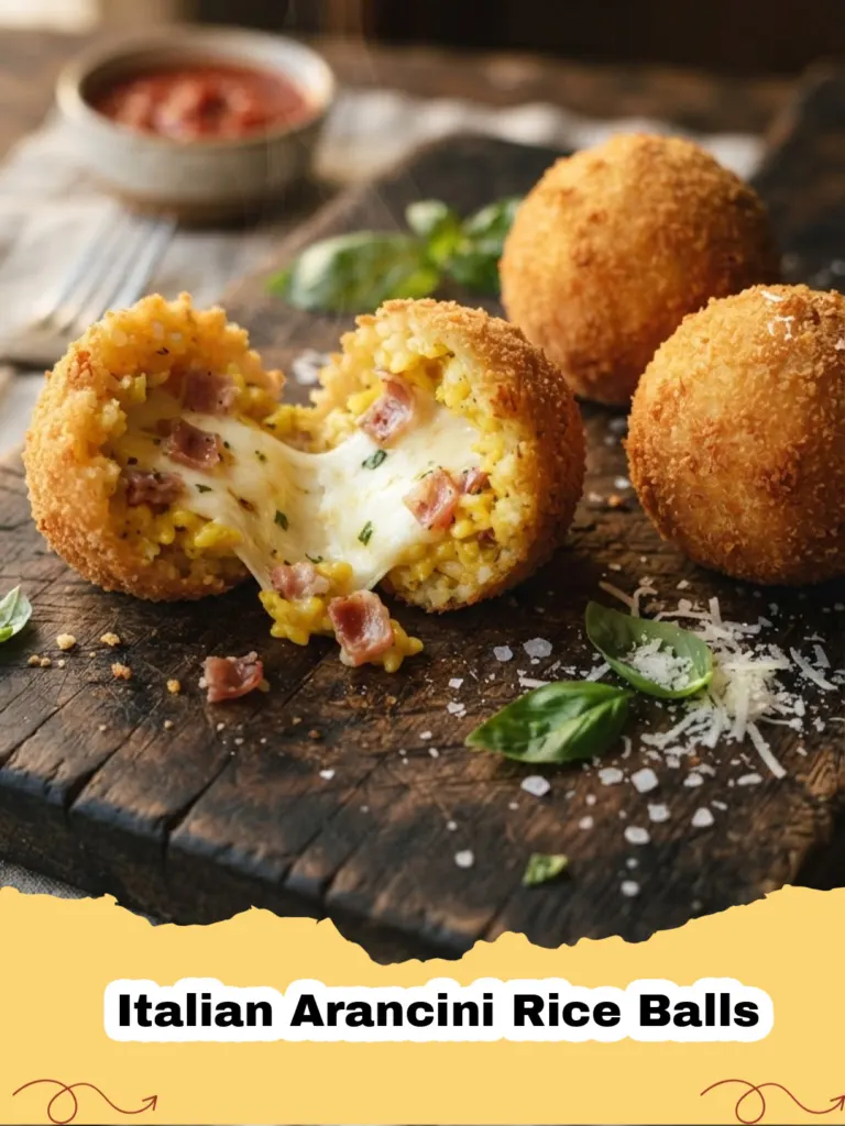 Golden-brown Italian Arancini Rice Balls with ragu and mozzarella, served with marinara sauce.
