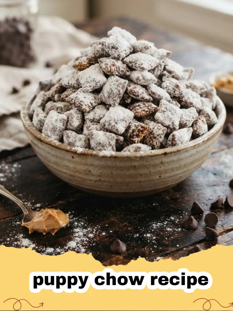puppy chow recipe - Classic Puppy Chow (Muddy Buddies) piled high on a white platter, dusted with powdered sugar, with a few pieces in a small bowl.