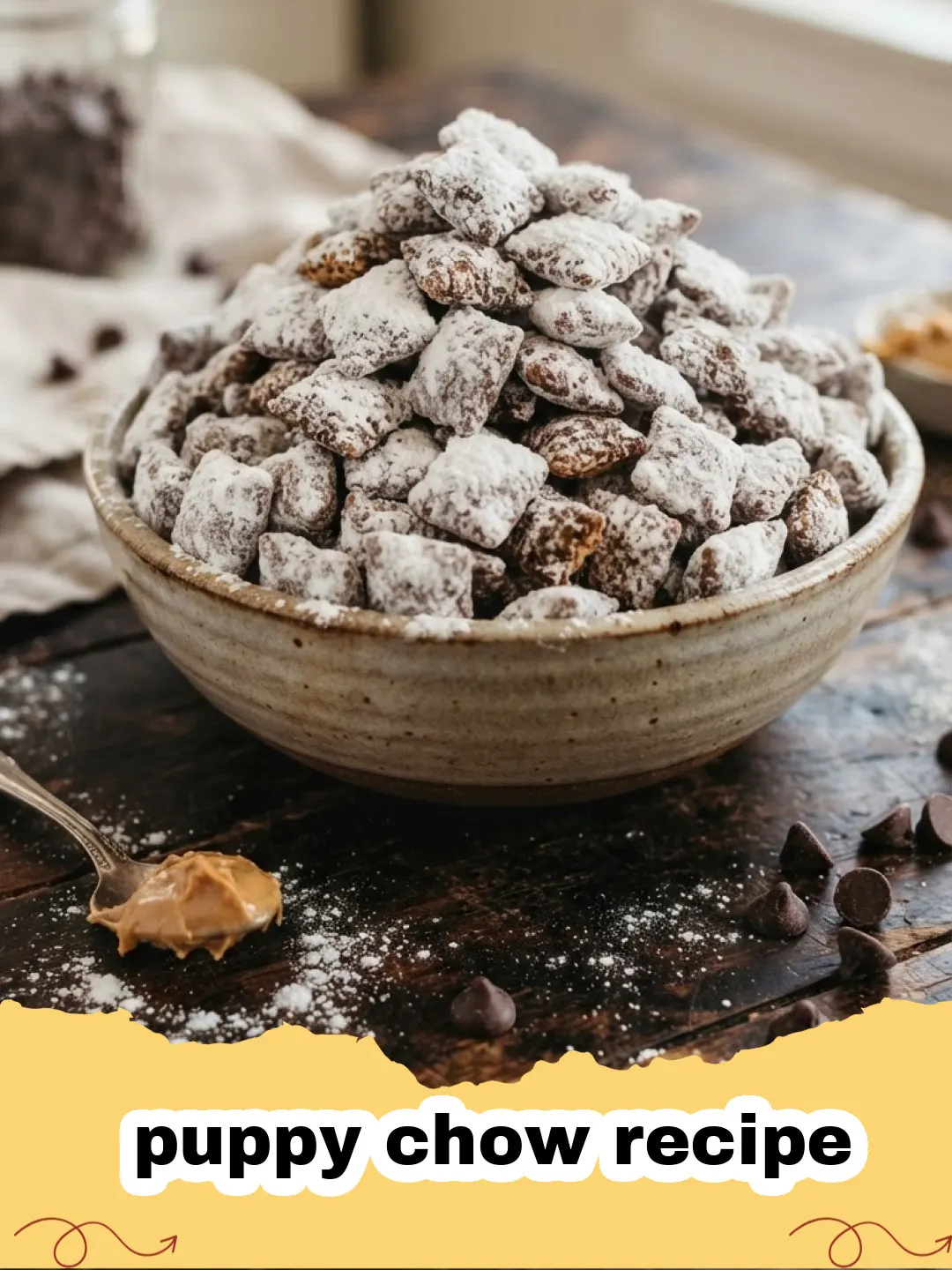 puppy chow recipe - Classic Puppy Chow (Muddy Buddies) piled high on a white platter, dusted with powdered sugar, with a few pieces in a small bowl.