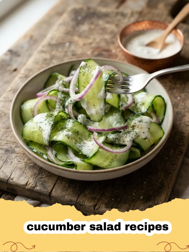 cucumber salad recipes - Close-up of a bowl of fresh cucumber salad with dill and a creamy dressing.