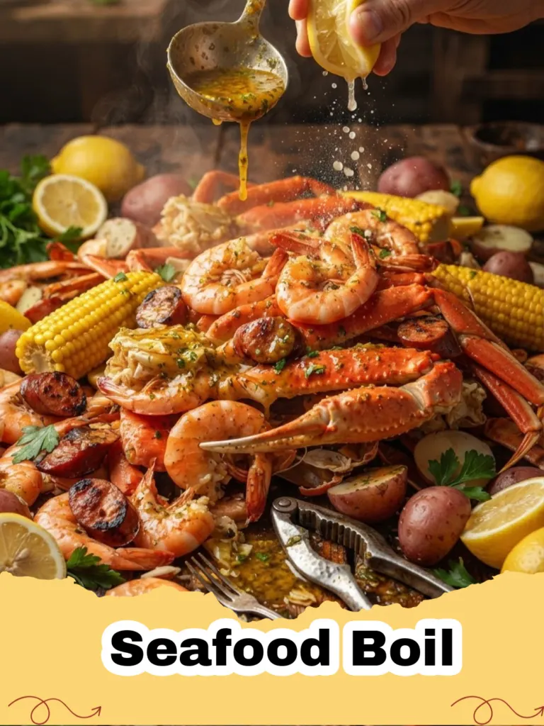 Seafood Boil - A bountiful seafood boil feast with shrimp, crab, mussels, corn, potatoes, and sausage, all covered in a spicy butter sauce, served on a newspaper-lined table.
