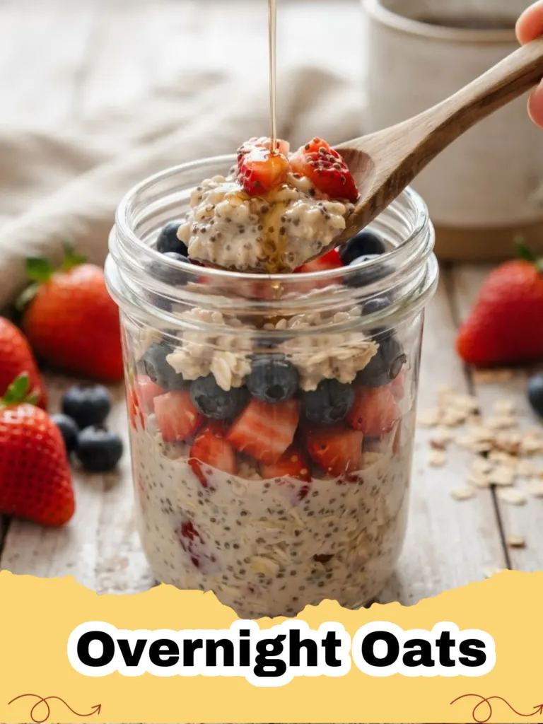 Overnight Oats - Jar of classic vanilla overnight oats topped with fresh berries and a spoon.