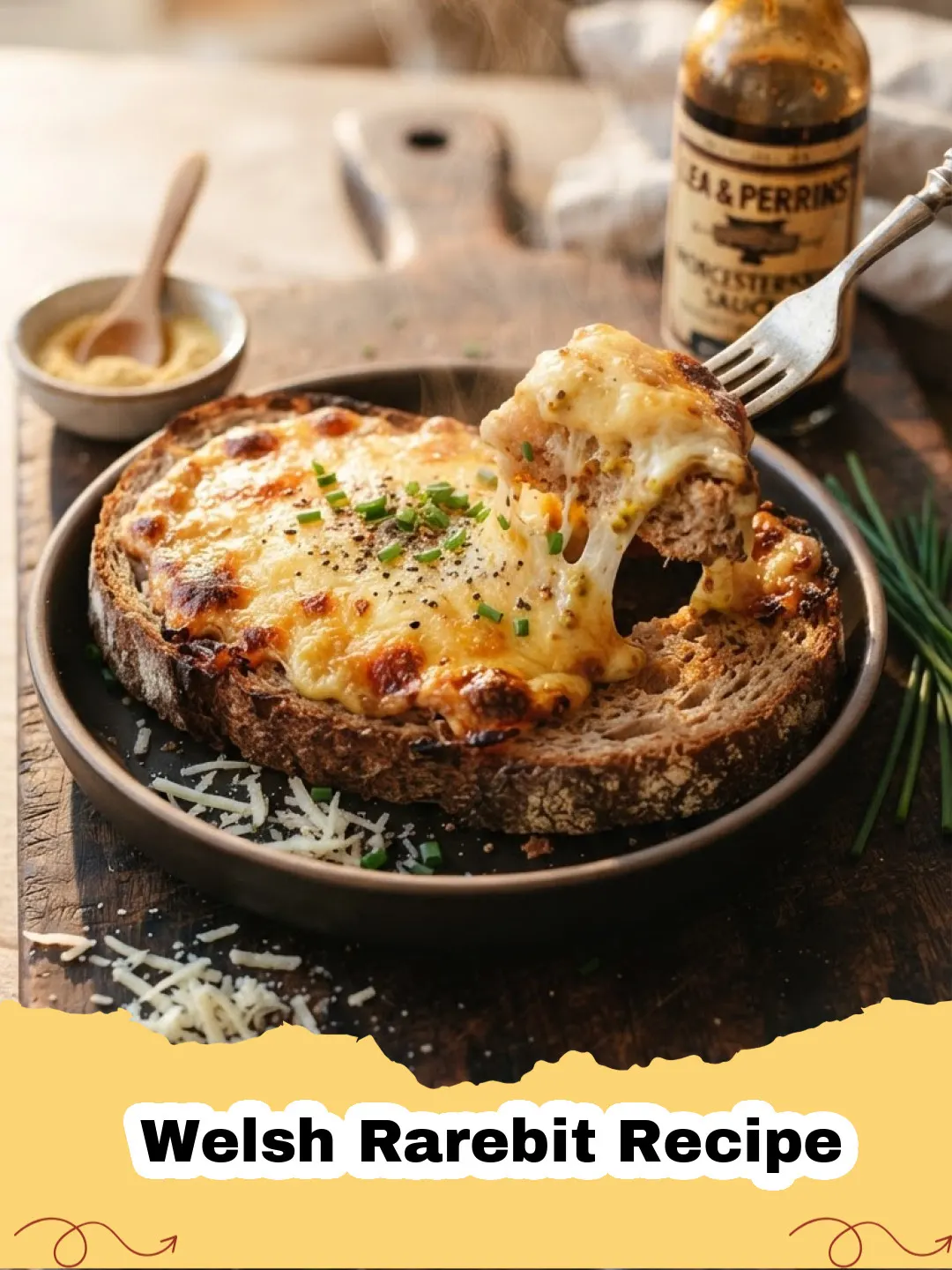 Welsh Rarebit Recipe - Golden brown Welsh Rarebit on toasted bread, bubbling cheese sauce with a side salad.