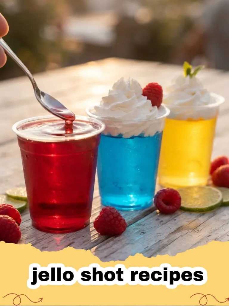 Vibrant assortment of jello shot recipes in small cups, garnished with fruit and whipped cream, ready for a party.