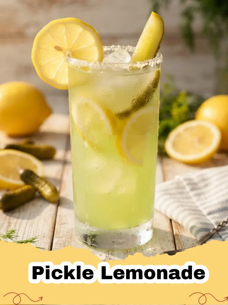 Pickle Lemonade - Tall glass of pickle lemonade with lemon slices and a pickle spear, garnished with fresh dill.