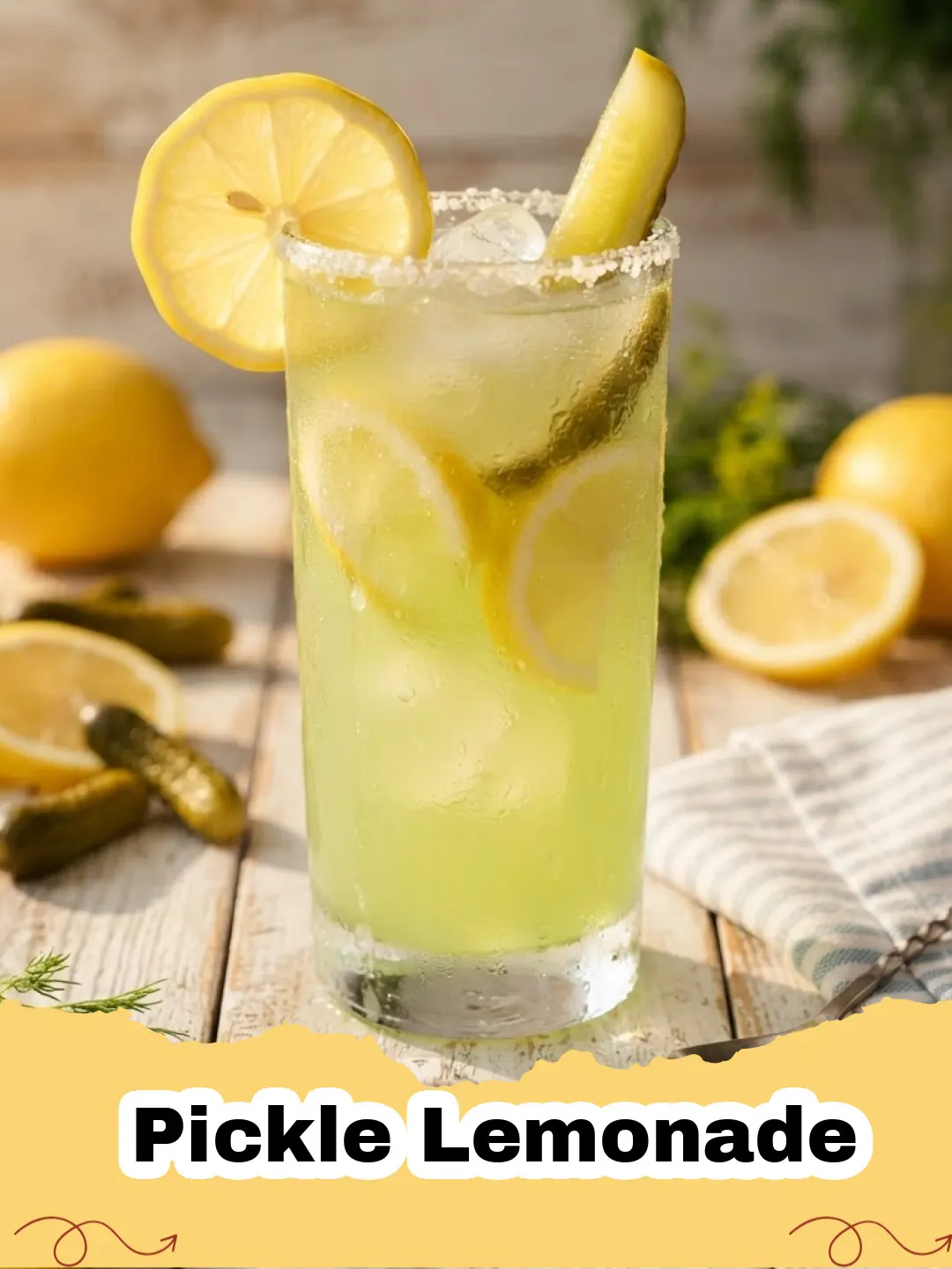 Pickle Lemonade - Tall glass of pickle lemonade with lemon slices and a pickle spear, garnished with fresh dill.