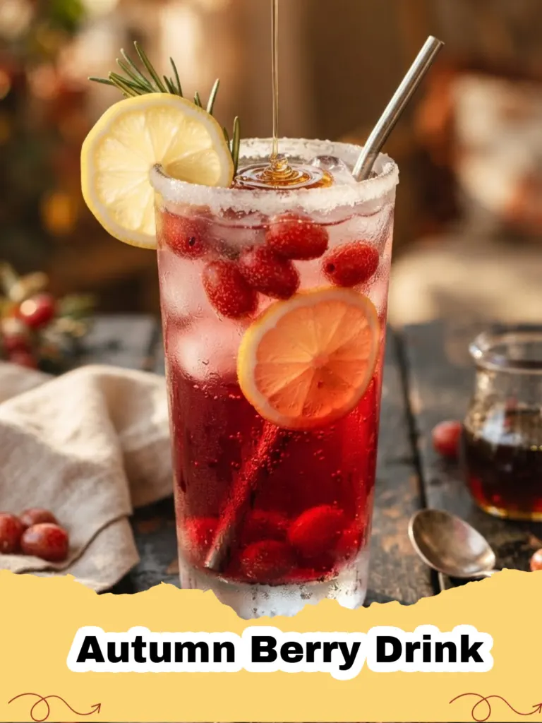 A steaming mug of Autumn Berry Drink garnished with cinnamon stick and fresh berries, with autumn leaves in the background.