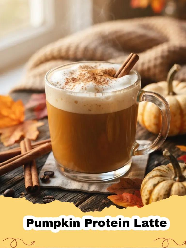 A cozy mug of frothy Pumpkin Protein Latte topped with whipped cream and a sprinkle of cinnamon on a wooden surface with autumn leaves.