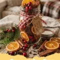 simmer pot recipes - A cozy simmer pot on a stovetop, filled with vibrant orange slices, rustic cinnamon sticks, and red cranberries, releasing fragrant steam.