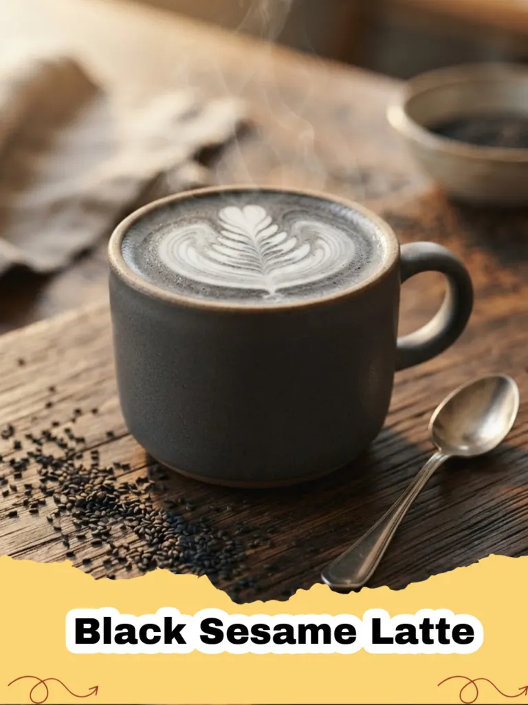 A steaming mug of homemade Black Sesame Latte with frothy top and a sprinkle of black sesame seeds, on a wooden surface.