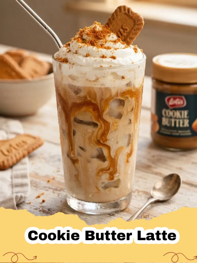 A steaming mug of homemade Cookie Butter Latte, topped with frothy milk, a drizzle of cookie butter, and crushed Biscoff cookies, on a wooden surface.