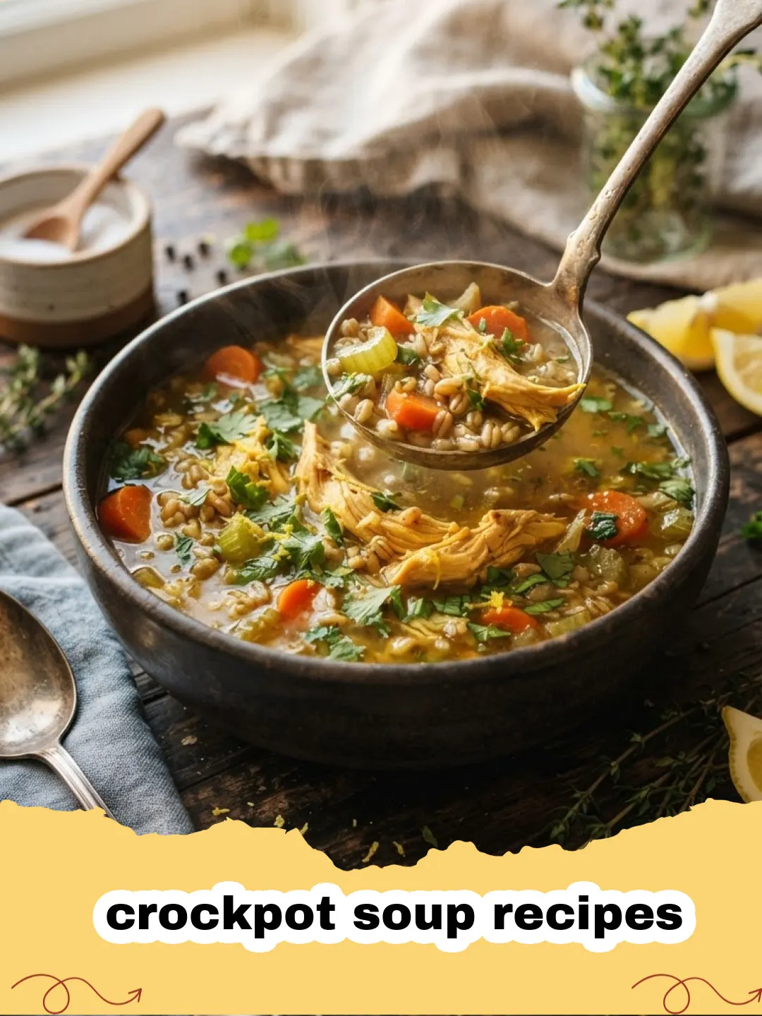 crockpot soup recipes - A close-up of a bowl of creamy chicken noodle crockpot soup, garnished with fresh parsley.