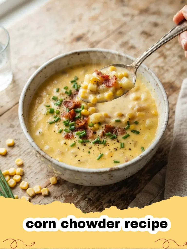 corn chowder recipe - Bowl of creamy corn chowder garnished with bacon and chives on a rustic wooden table.