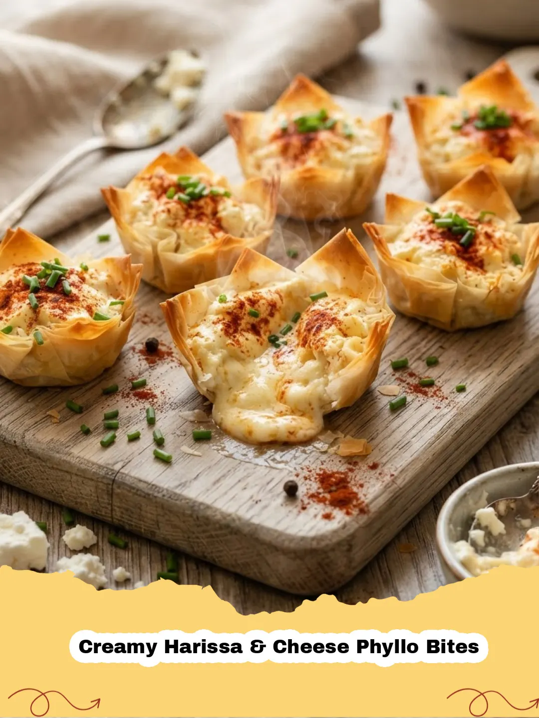 Golden brown Creamy Harissa & Cheese Phyllo Bites stacked on a white plate, garnished with fresh parsley and a side of dipping sauce.