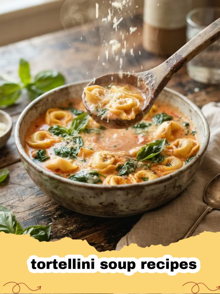 tortellini soup recipes - A steaming bowl of creamy tomato basil tortellini soup with Italian sausage and fresh basil garnish.