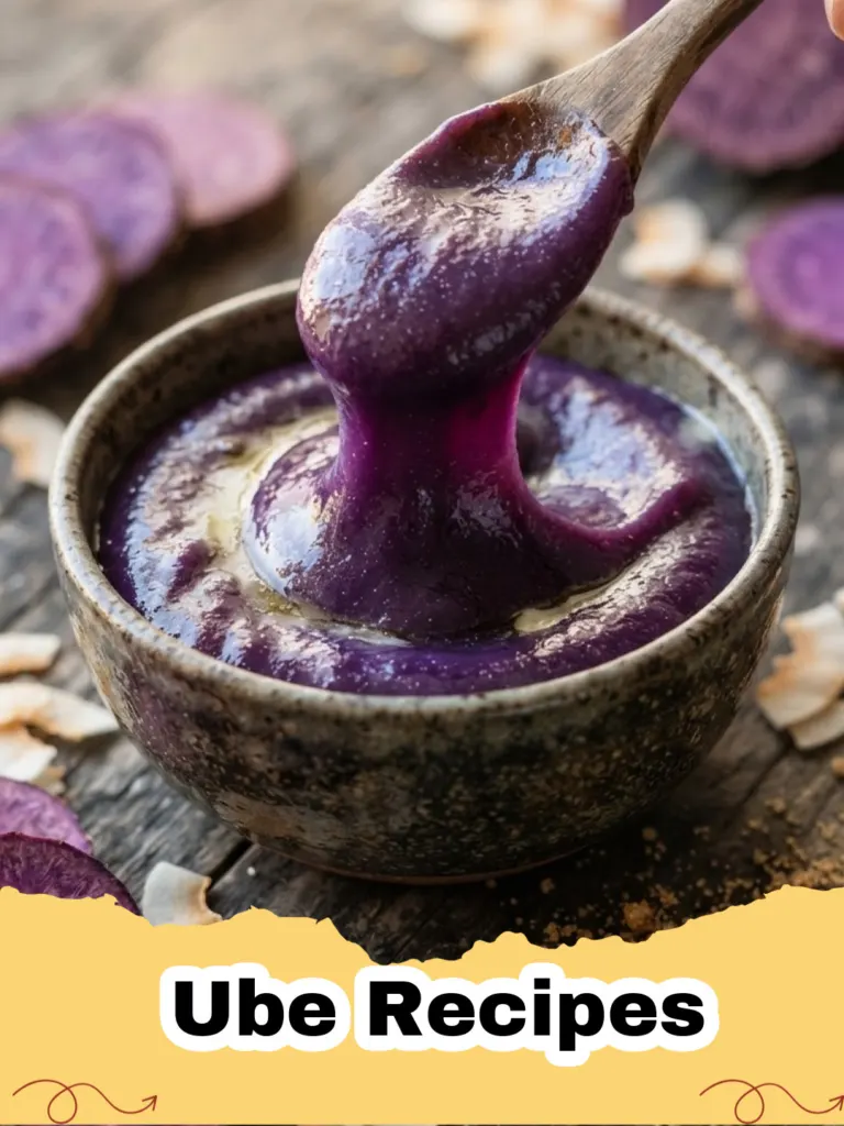Ube Recipes - Close-up of creamy, vibrant purple Ube Halaya (purple yam jam) in a glass jar, garnished with a sprinkle of toasted coconut.