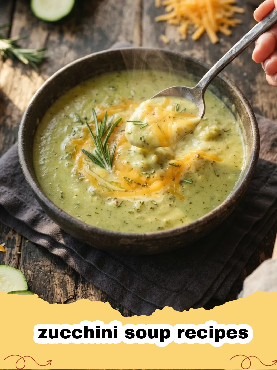 zucchini soup recipes - A bowl of creamy zucchini soup garnished with fresh dill and a swirl of cream, set on a rustic wooden surface.