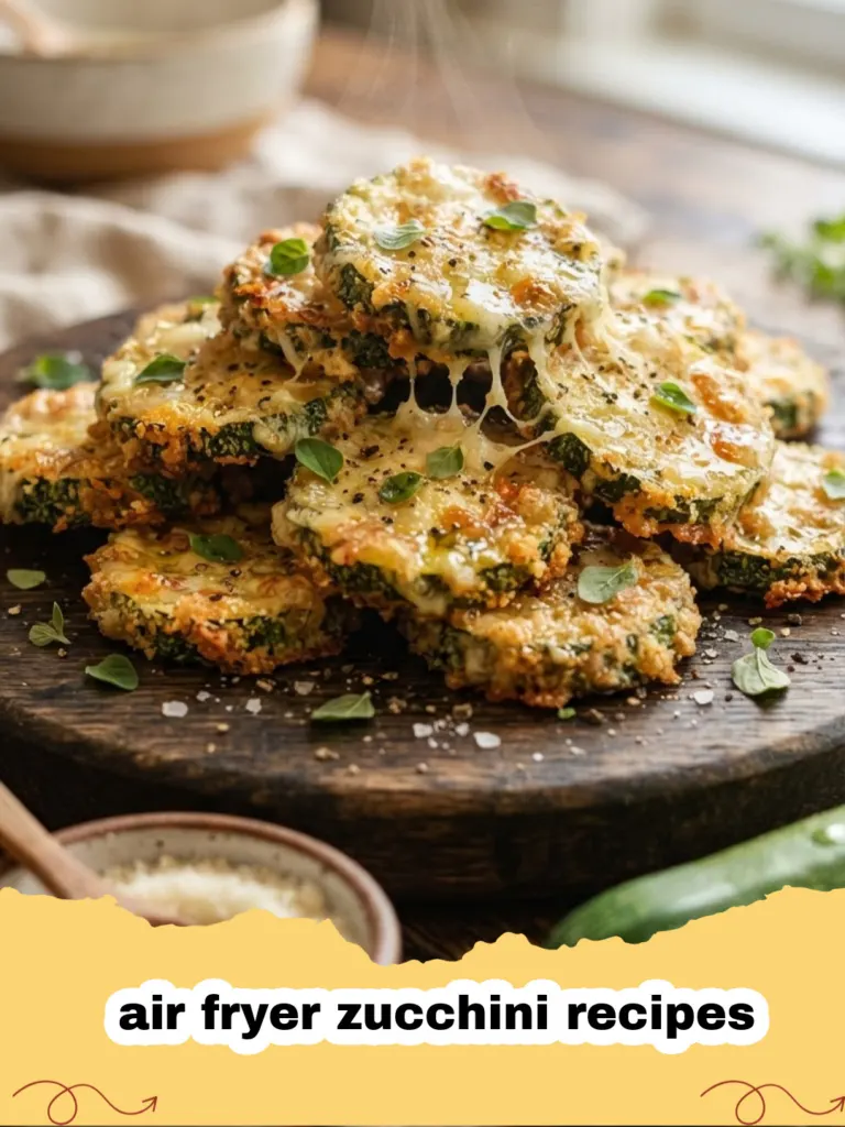 air fryer zucchini recipes - Close-up of crispy air fryer zucchini bites on a plate with fresh herbs and a side of dipping sauce.