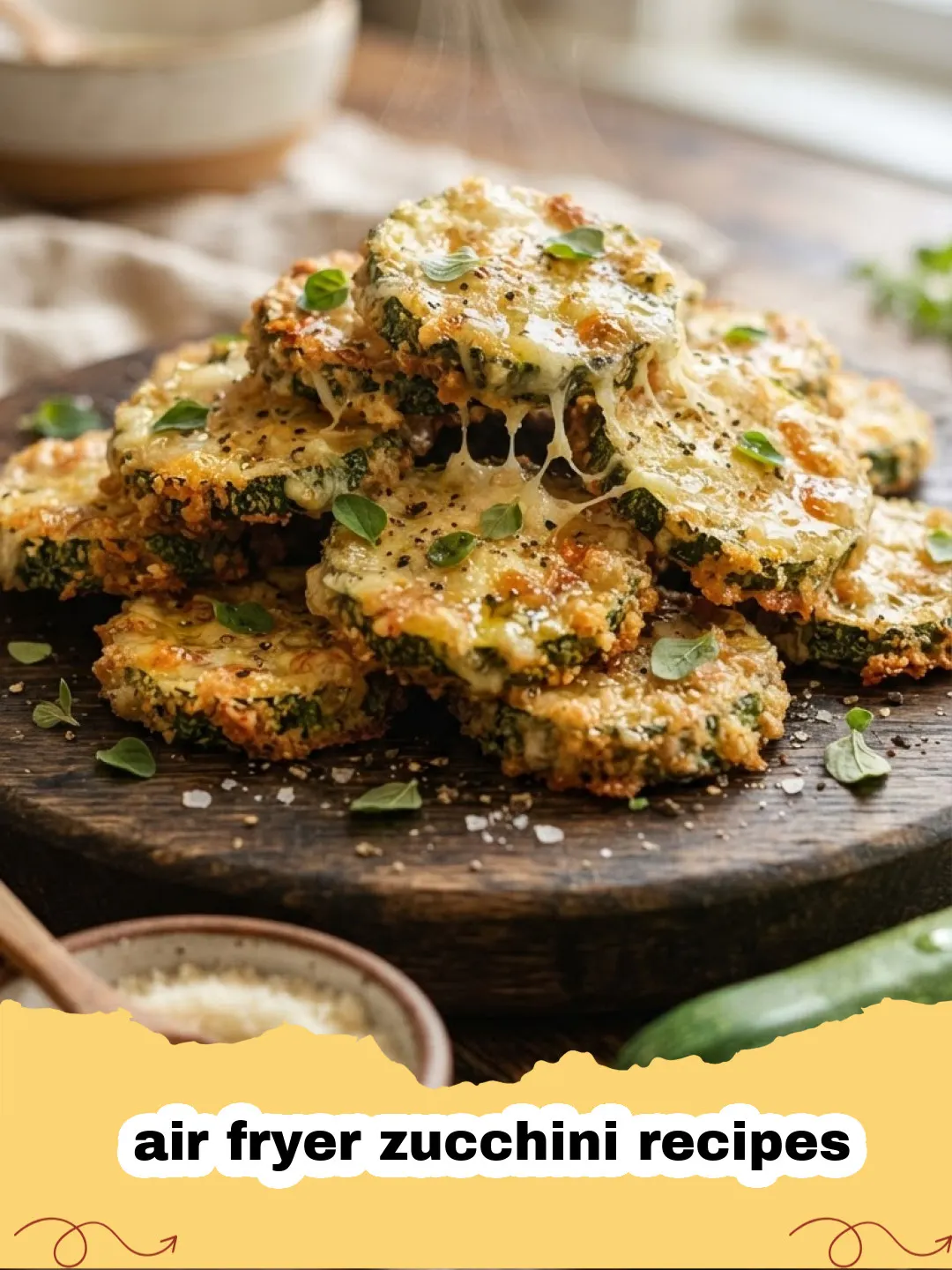 air fryer zucchini recipes - Close-up of crispy air fryer zucchini bites on a plate with fresh herbs and a side of dipping sauce.
