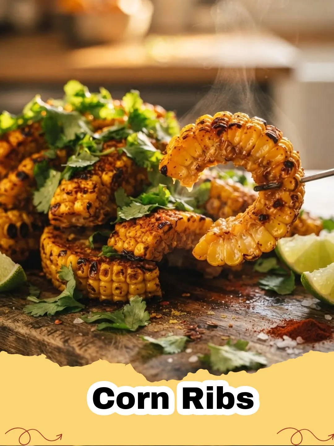 Corn Ribs - Crispy golden corn ribs curled into a 'rib' shape, sprinkled with paprika and served with a smoky aioli dipping sauce.