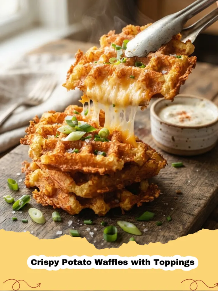 Crispy Potato Waffles with Toppings - Pile of golden brown crispy potato waffles topped with a fried egg, bacon, and chives, with a side of sour cream.
