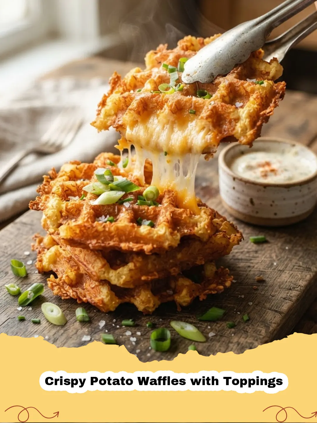 Crispy Potato Waffles with Toppings - Pile of golden brown crispy potato waffles topped with a fried egg, bacon, and chives, with a side of sour cream.
