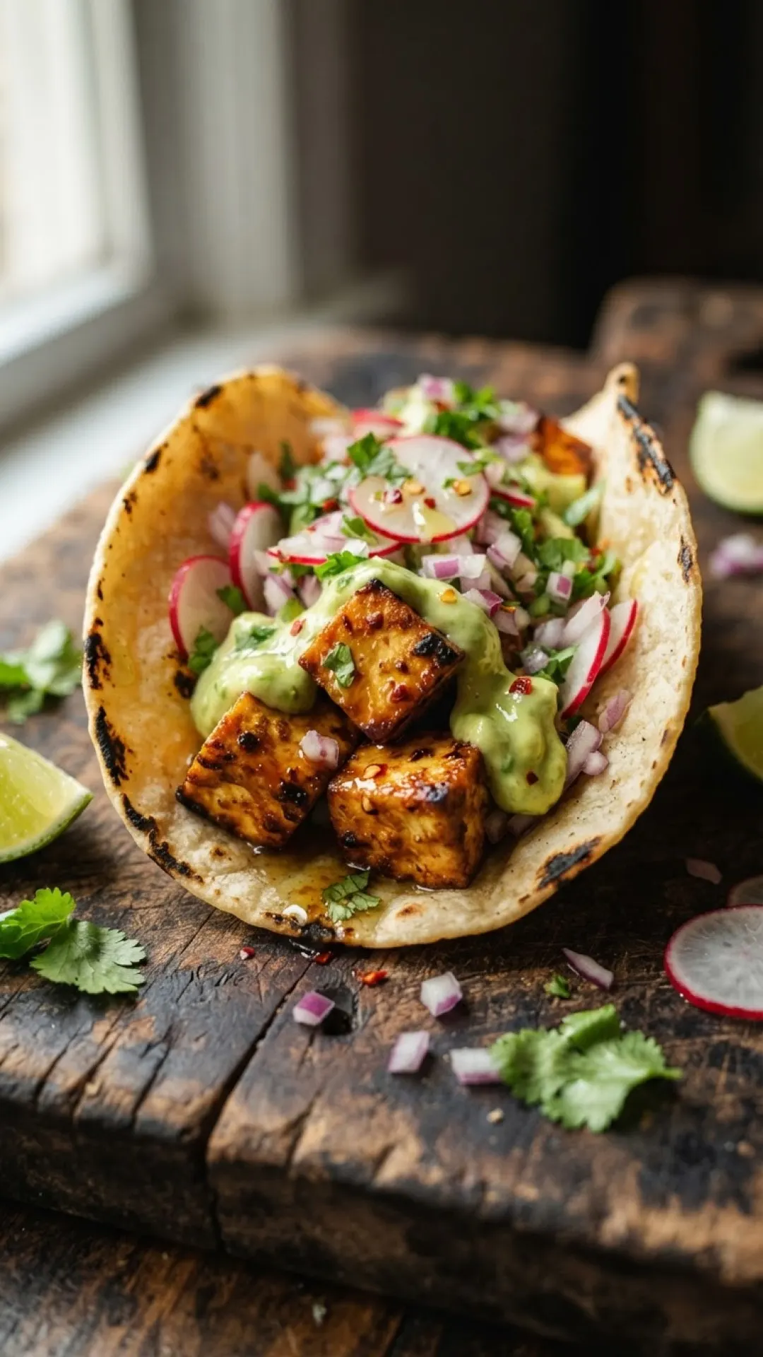 Crispy Tofu Street Tacos with Zesty Slaw and Creamy Crema Preparation